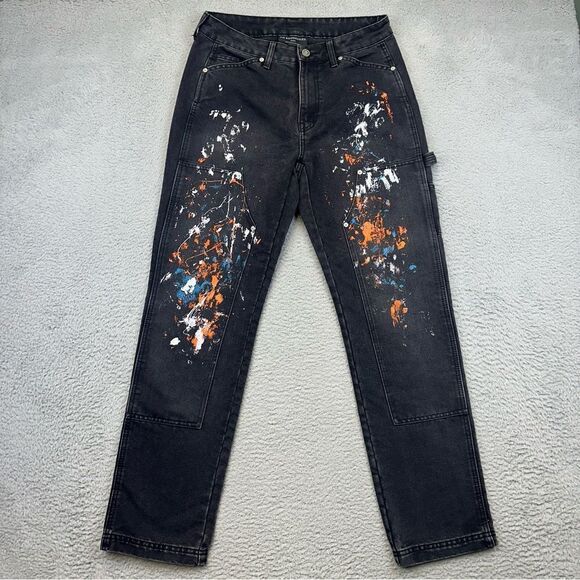 No Boundaries Carpenter Pants Mens 30x32 Black Paint Splatter Double Knee Y2K